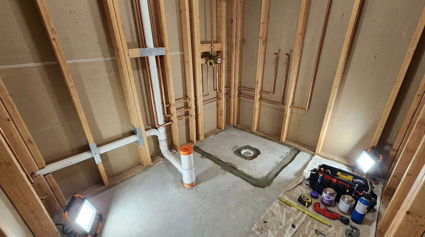 Bathroom rough-in plumbing during remodel by Johns Plumbing LLC in Radcliff