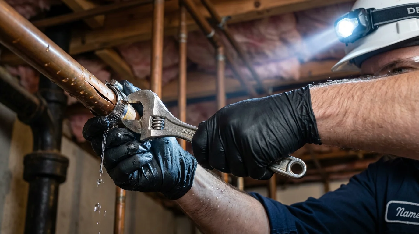 Emergency pipe clamp repair being performed by a Johns Plumbing LLC plumber in Radcliff
