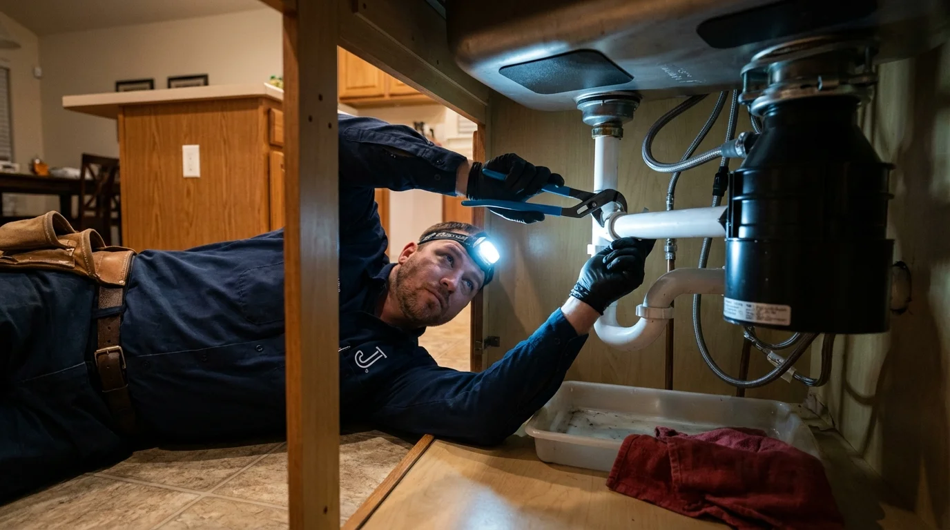 P-trap and supply line connections under a kitchen sink showing a common leak point in Radcliff, KY